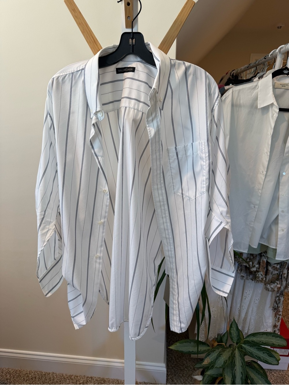 Balenciaga White Shirt with Navy Pinstripes